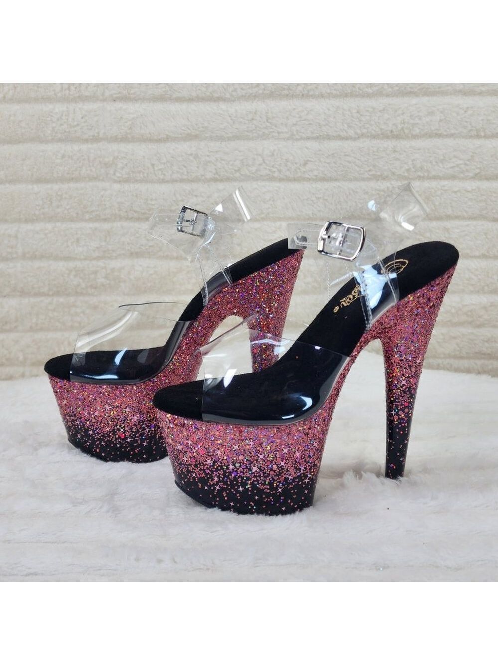 Adore 708SS Pink Hologram Glitter Ombre Platform Ankle Strap Platform 7" Heels - Picture 8 of 12